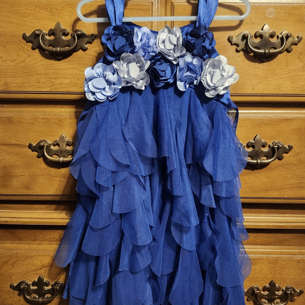 Charming Blue Layered Kids Dress with Floral Accents